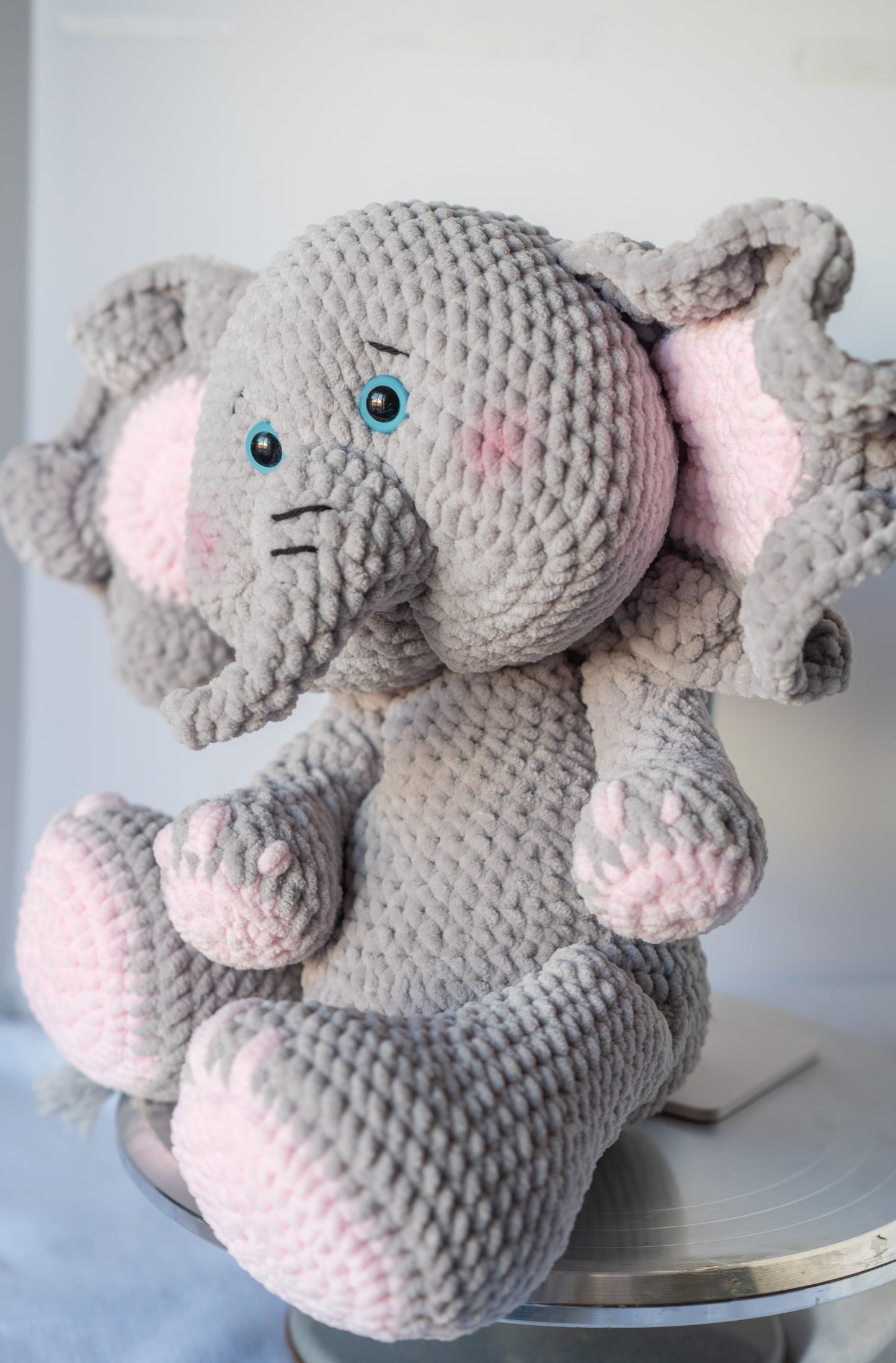 Large Pink & Gray Crochet Elephant