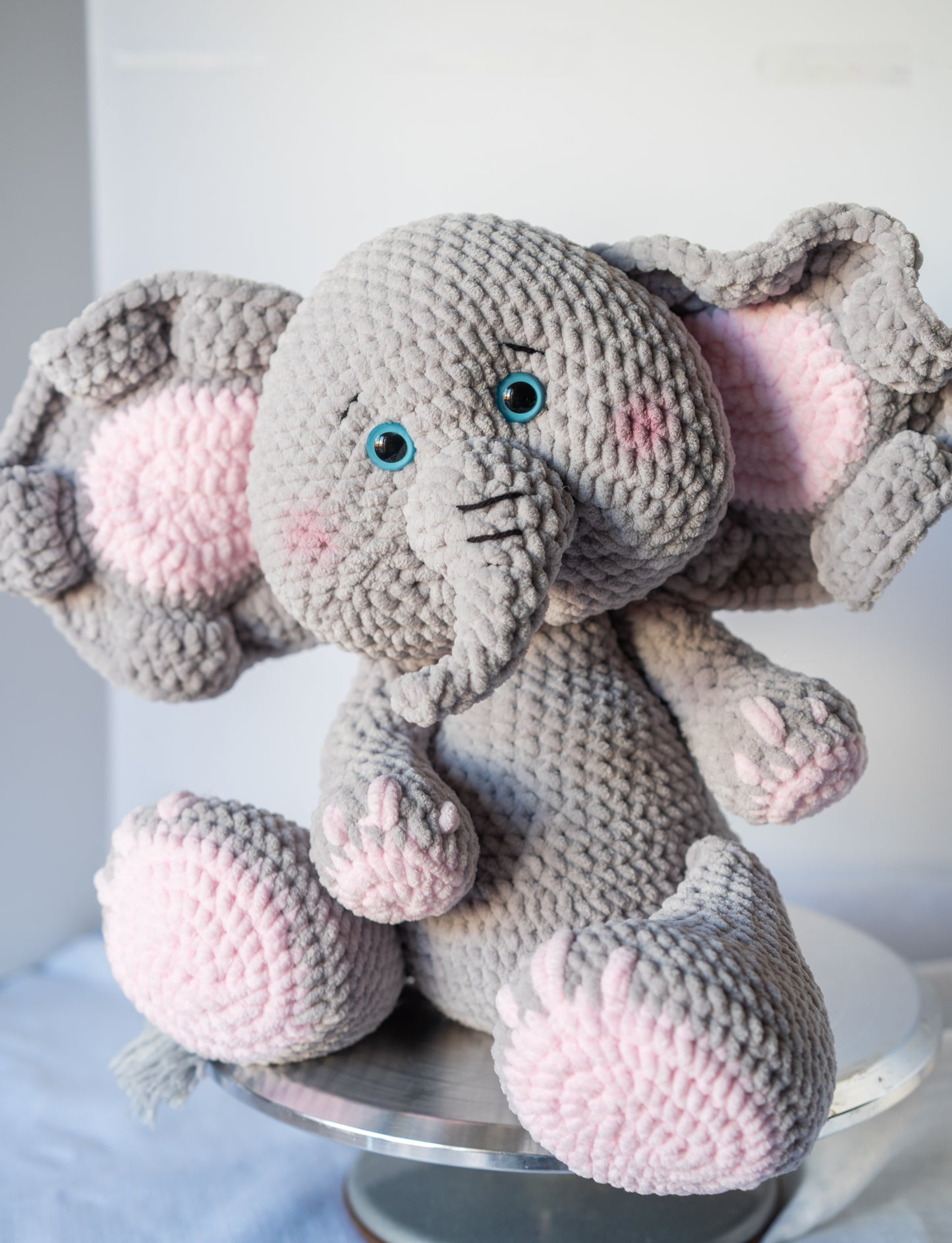 Large Pink & Gray Crochet Elephant