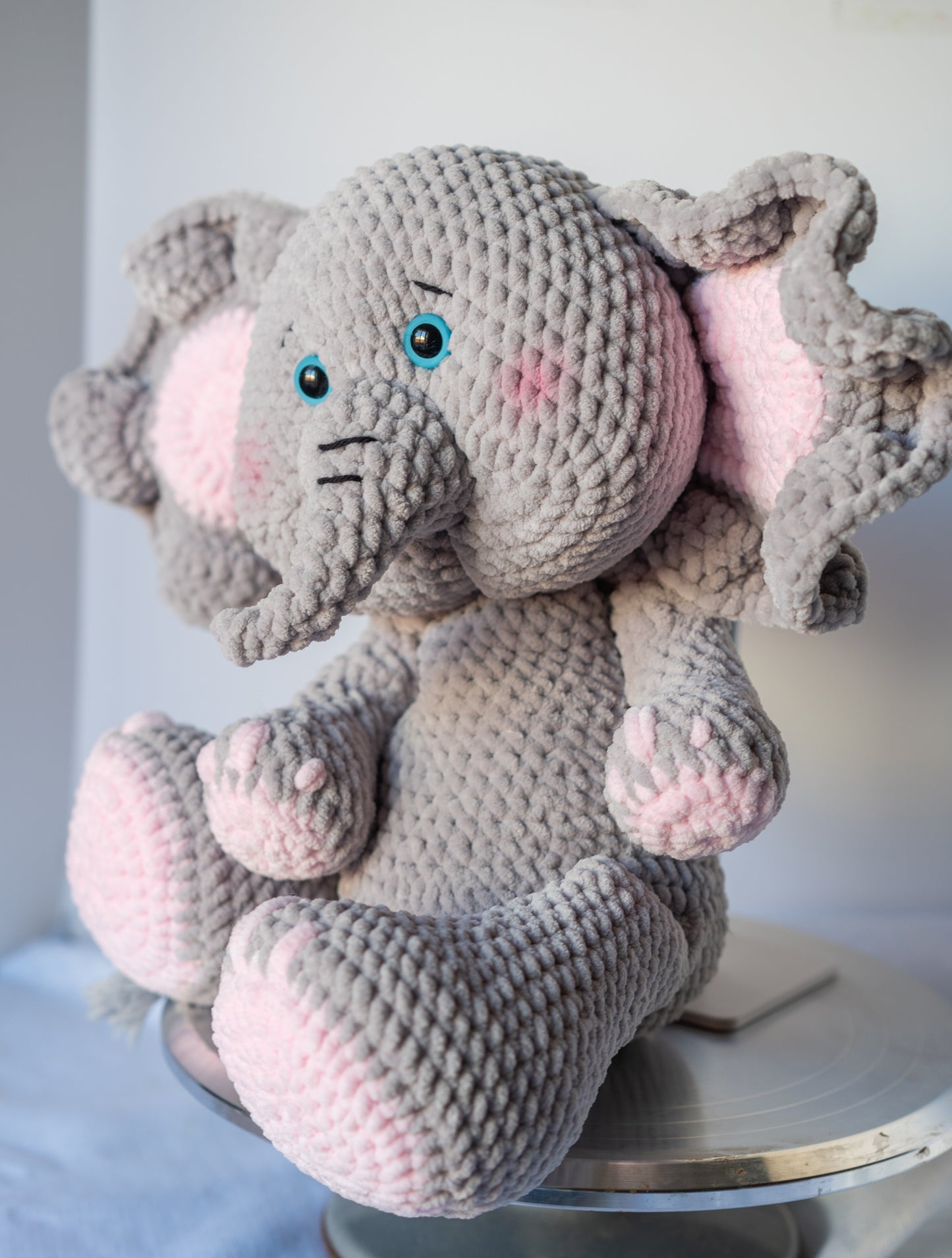 Large Pink & Gray Crochet Elephant