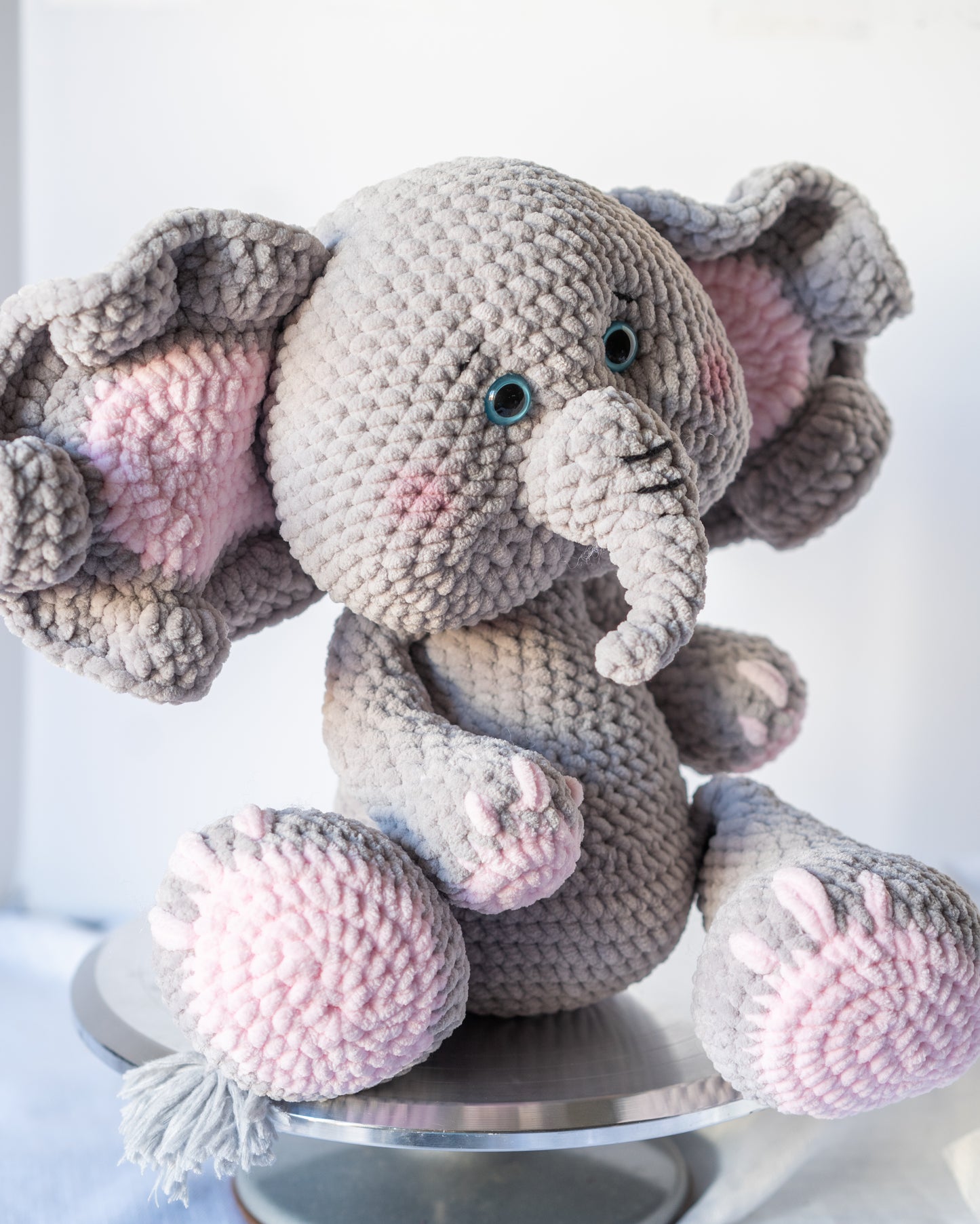 Large Pink & Gray Crochet Elephant